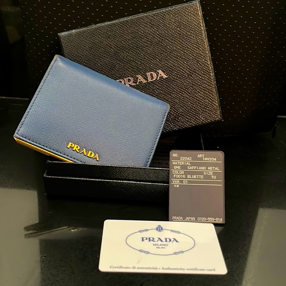 PRADA BLUE SAFFIANO GOLD METAL COMPACT WALLET - Picture 1 of 10